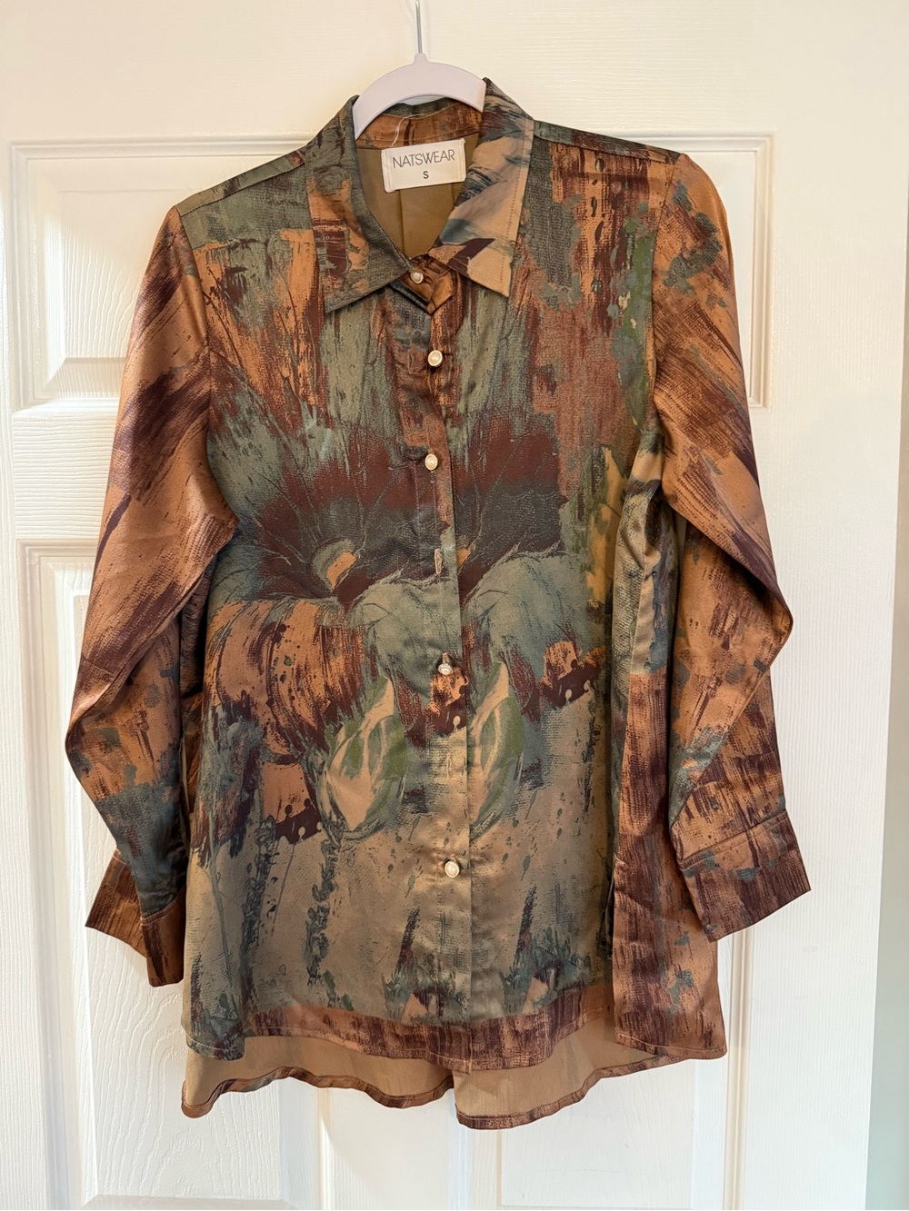 Natswear Olive and Brown Abstract Print Button-Down Shirt